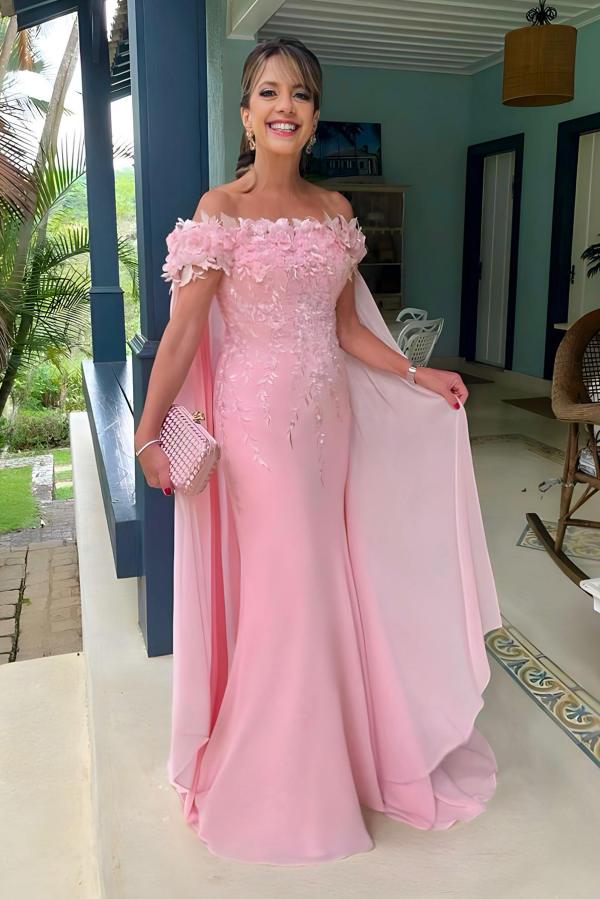 Vestidos de noite longos de cetim com flores, ombros descobertos e cauda de sereia, com capa