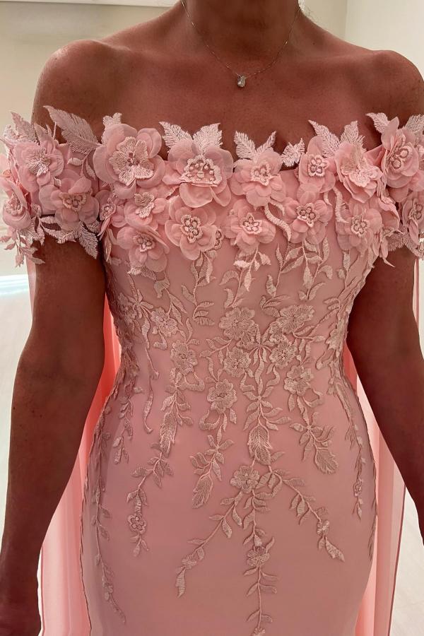 Vestidos de noite longos de cetim com flores, ombros descobertos e cauda de sereia, com capa