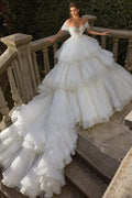 Schulterfreies weißes Tüll-Rüschen-Luxus-Brautkleid