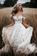 Vestidos de Noiva Rústicos com Flores em Renda de Tule Ombro a Ombro Vestido de Noiva Boémio