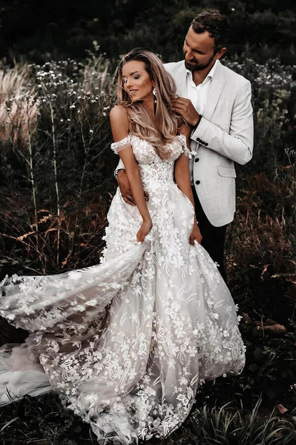 Vestidos de Noiva Rústicos com Flores em Renda de Tule Ombro a Ombro Vestido de Noiva Boémio