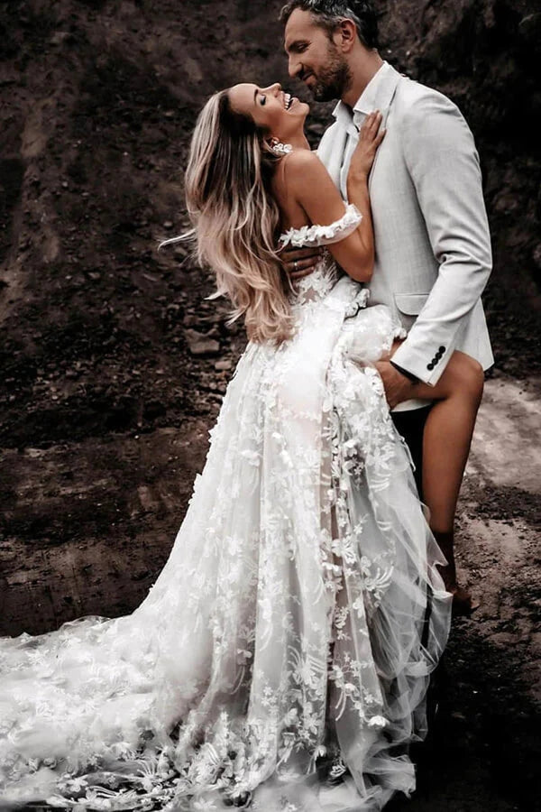 Vestidos de Noiva Rústicos com Flores em Renda de Tule Ombro a Ombro Vestido de Noiva Boémio