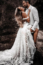 Vestidos de Noiva Rústicos com Flores em Renda de Tule Ombro a Ombro Vestido de Noiva Boémio