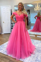 Vestidos de baile em tule rosa choque com ombros descobertos e flores 3D