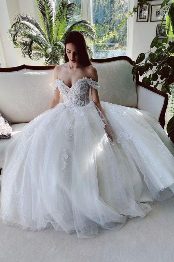 Vestidos de Noiva com Aplicações Brancas em Tule Ombro a Ombro com Contas