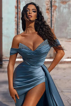Off The Shoulder Mermaid Prom Dress High Slit Dress With Beading