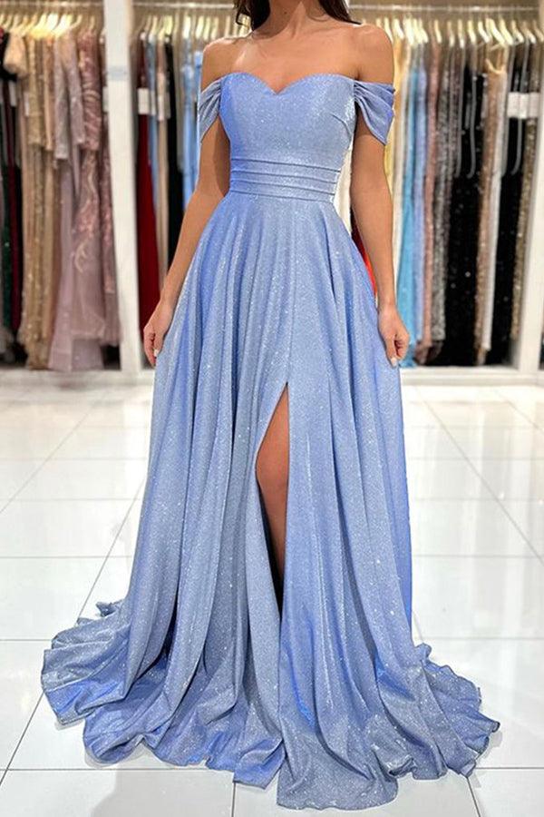 Vestidos longos de baile formais azuis brilhantes com ombros descobertos