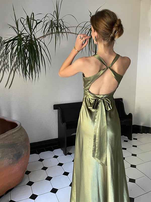 Vestido de noite de baile em cetim azul-petróleo com frente única e laço sem costas