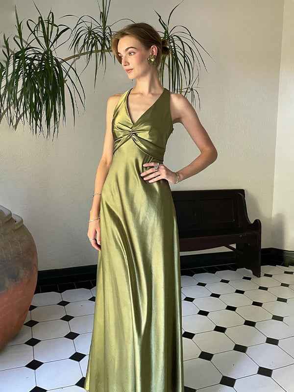 Vestido de noite de baile em cetim azul-petróleo com frente única e laço sem costas
