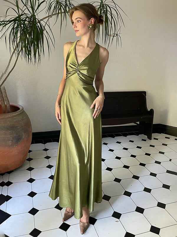 Vestido de noite de baile em cetim azul-petróleo com frente única e laço sem costas