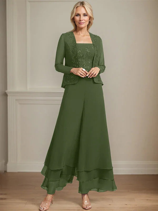 Getrennter Overall/Hosenanzug mit quadratischem Ausschnitt, knöchellang, aus Spitzenchiffon, Brautmutterkleid mit Pailletten
