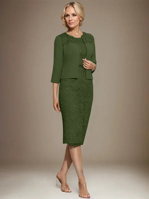 Vestido de madrina de novia de encaje de gasa con abalorios, corte columna y largo hasta la rodilla