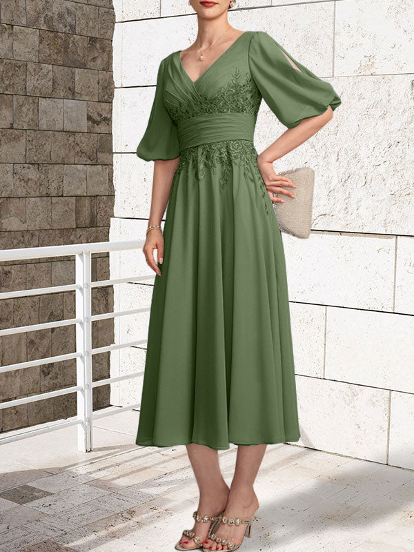 A-line V-Neck Tea-Length Lace Chiffon Mother of the Bride Dress With Pleated