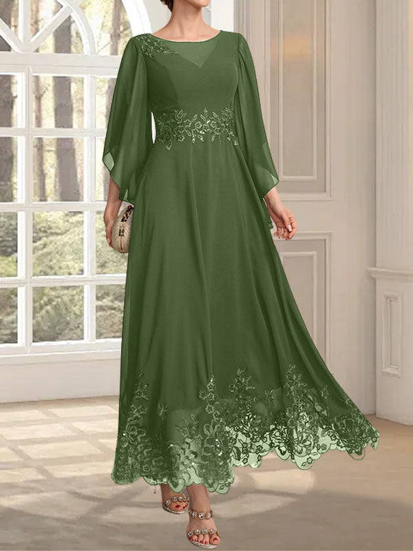 A-line Scoop Illusion Ankle-Length Lace Chiffon Mother of the Bride Dress With Sequins