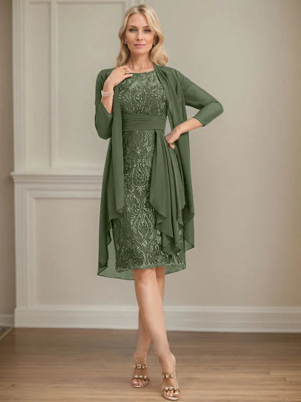 Etui/Säulenförmiges Kleid mit Illusion, knielang, aus Spitze und Chiffon, Brautmutterkleid mit herabfließenden Rüschen und Pailletten