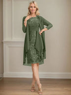 Etui/Säulenförmiges Kleid mit Illusion, knielang, aus Spitze und Chiffon, Brautmutterkleid mit herabfließenden Rüschen und Pailletten