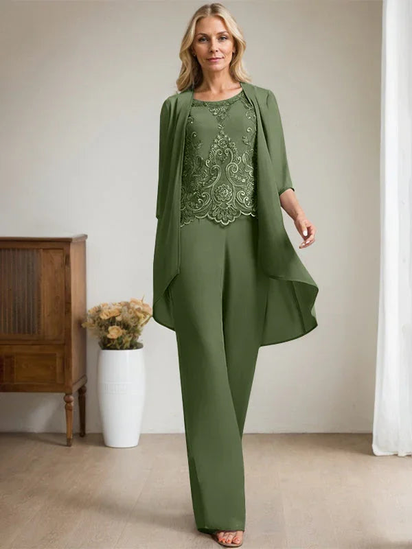 Getrennter Overall/Hosenanzug mit Rundhalsausschnitt, bodenlang, aus Chiffon und Spitze, Mutter-des-Brautkleides mit Perlen und Pailletten