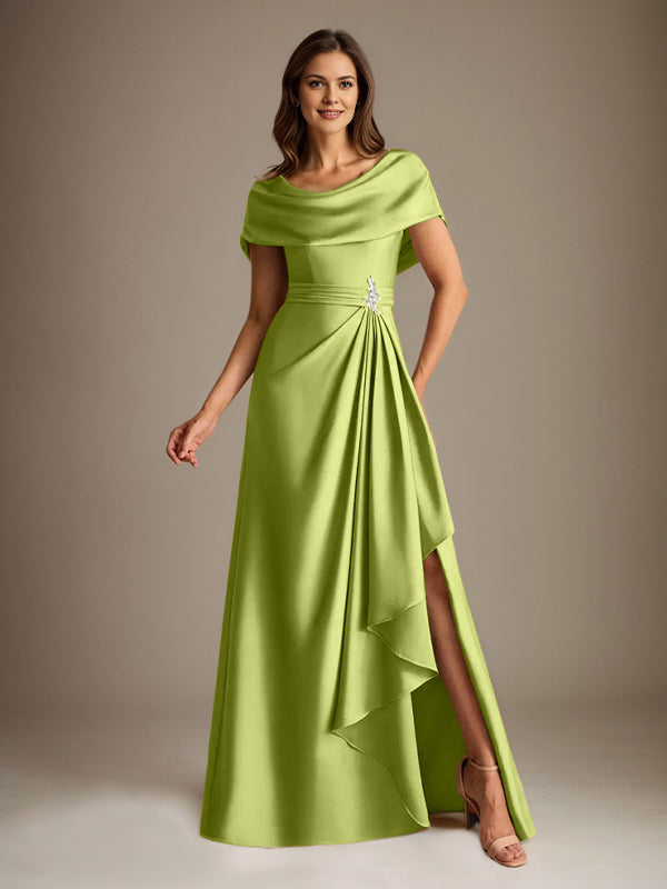 A-Line Scoop Floor-Length Stretch Satin Mother of the Bride Dress With Cascading Ruffles