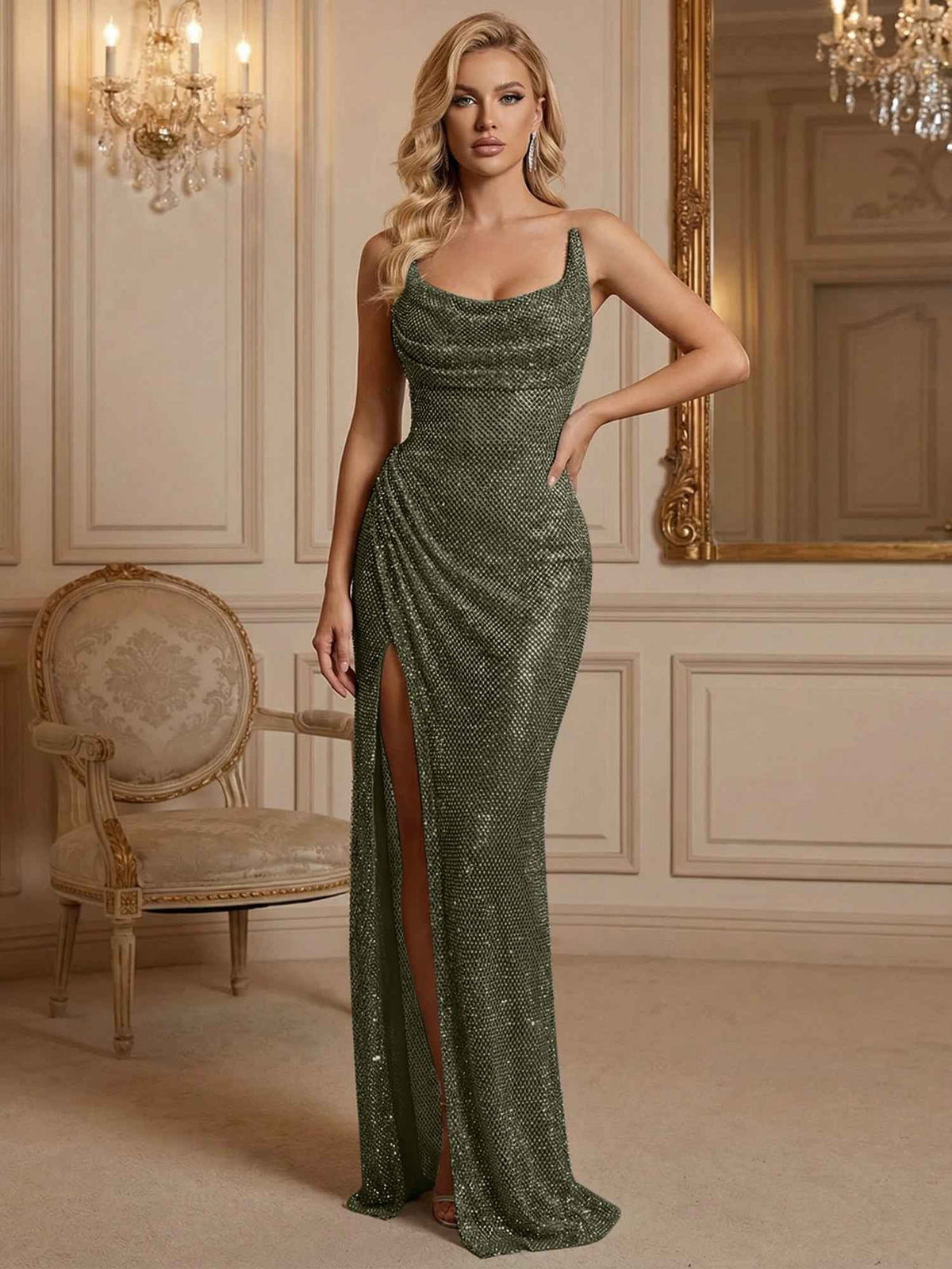 Silver Sequin Cowl Neck Ruched Long Prom Dress With High Slit