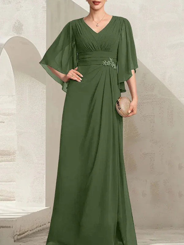 Vestido de madrina de novia de gasa largo hasta el suelo, corte columna y escote en V, con lentejuelas plisadas y abalorios