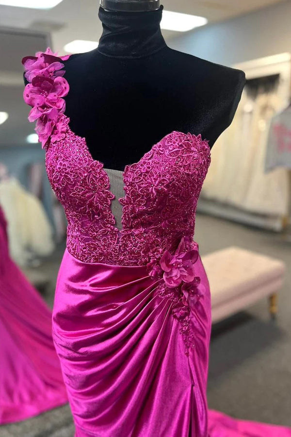 Vestido de fiesta rojo plisado con encaje floral 3D de un solo hombro y abertura