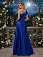 One-Shoulder Long Satin Formal Dress with Slit