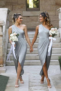 Vestido de Dama de Honra Assimétrico Prateado de Um Ombro BD119