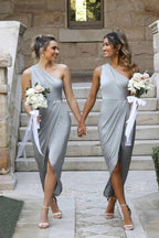 Vestido de Dama de Honra Assimétrico Prateado de Um Ombro BD119