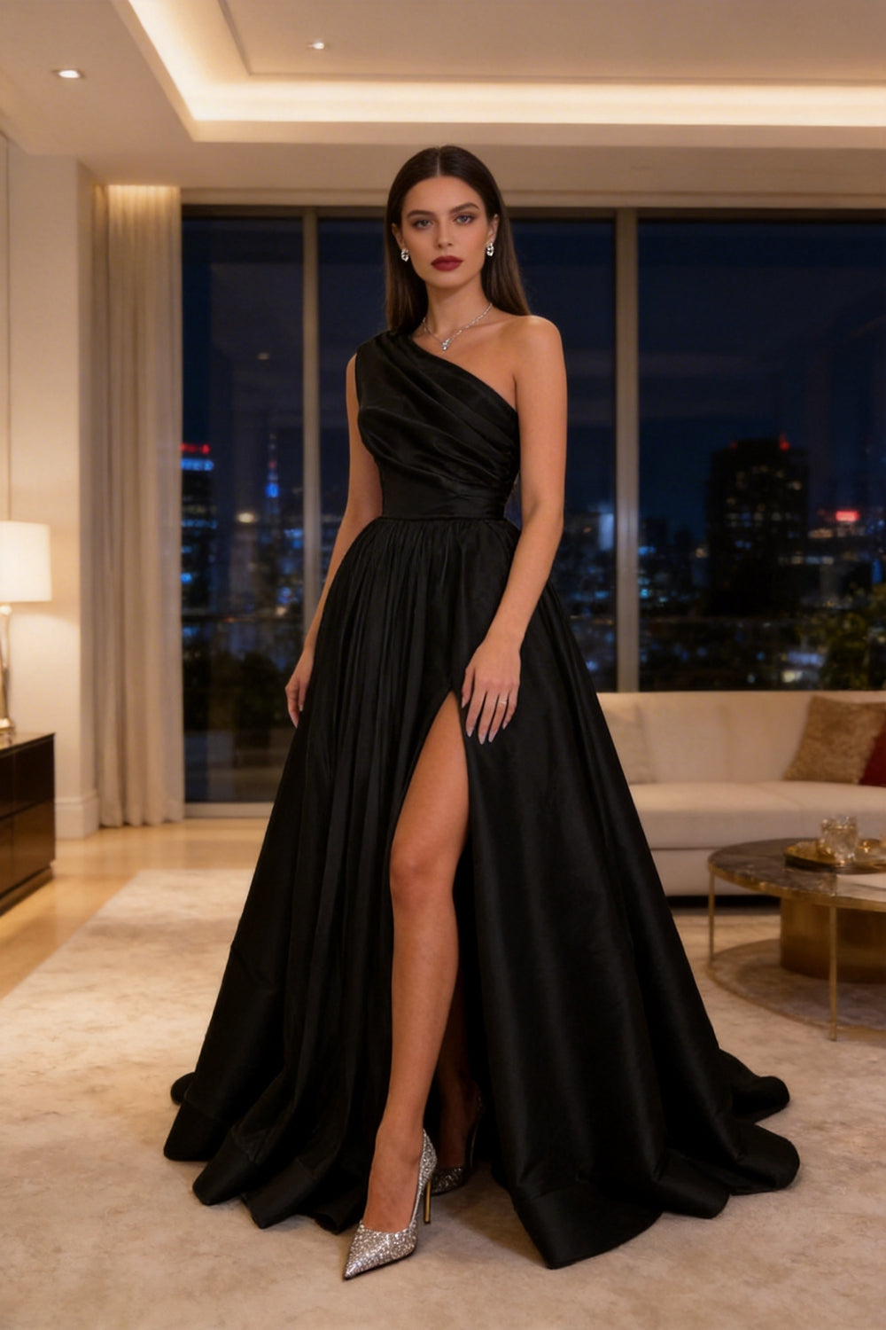 2025 One Shoulder Black Satin Wedding Guest Dresses Tea Length Prom Dresses by MyChicDress