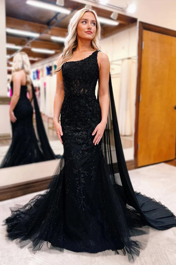 One Shoulder Mermaid Lace Black Prom Dress Formal Gown