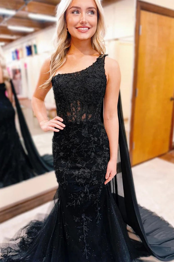 One Shoulder Mermaid Lace Black Prom Dress Formal Gown