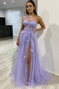 One Shoulder Purple Blue Lace Split Prom Dresses Evening Dresses