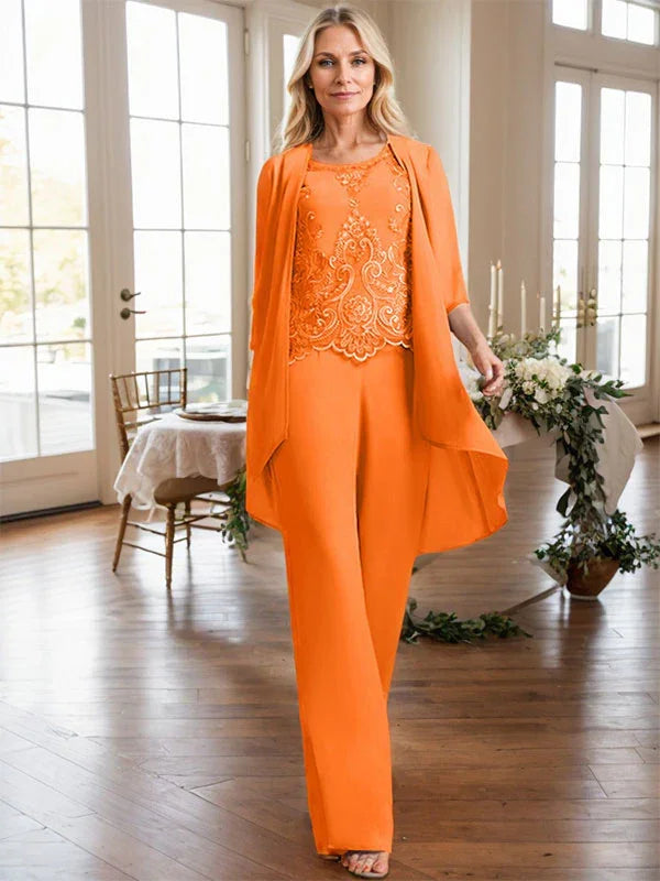 Getrennter Overall/Hosenanzug mit Rundhalsausschnitt, bodenlang, aus Chiffon und Spitze, Mutter-des-Brautkleides mit Perlen und Pailletten