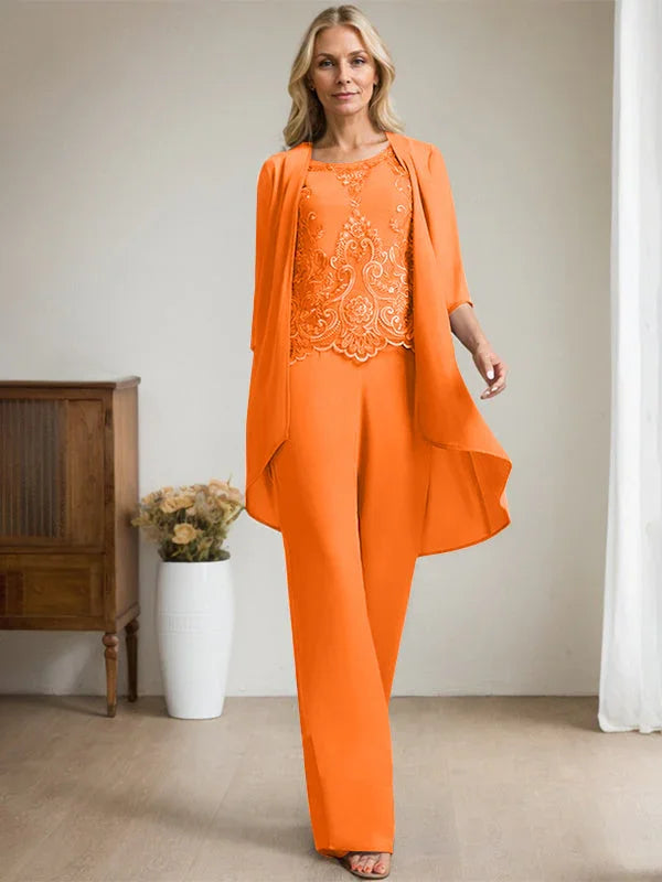Tuta Separata/Completo Pantaloni Scollo a U Lunghezza Pavimento Chiffon Pizzo Abito Madre della Sposa con Perline e Paillettes