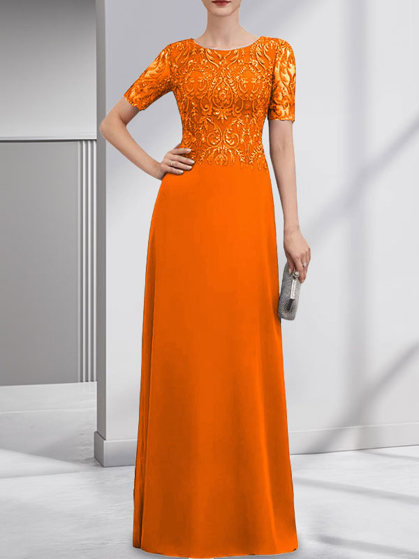 A-line Scoop Floor-Length Lace Chiffon Mother of the Bride Dress With Sequins