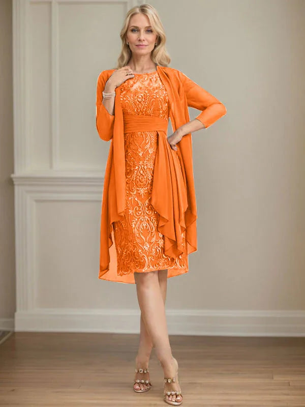 Etui/Säulenförmiges Kleid mit Illusion, knielang, aus Spitze und Chiffon, Brautmutterkleid mit herabfließenden Rüschen und Pailletten