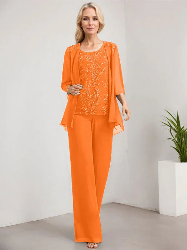 Mono/Pantalón Separado con Escote Redondo, Largo hasta el Suelo, de Encaje y Gasa, Vestido de Madre de la Novia con Lentejuelas