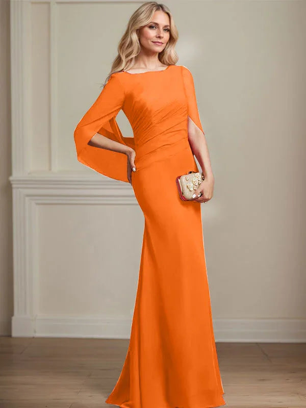 Vestido de madrina de novia de gasa con cuello barco estilo trompeta/cola de sirena y largo hasta el suelo con pliegues