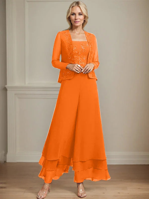 Getrennter Overall/Hosenanzug mit quadratischem Ausschnitt, knöchellang, aus Spitzenchiffon, Brautmutterkleid mit Pailletten