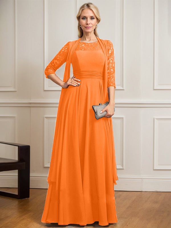 A-line Scoop Illusion Floor-Length Lace Chiffon Mother of the Bride Dress With Pleated