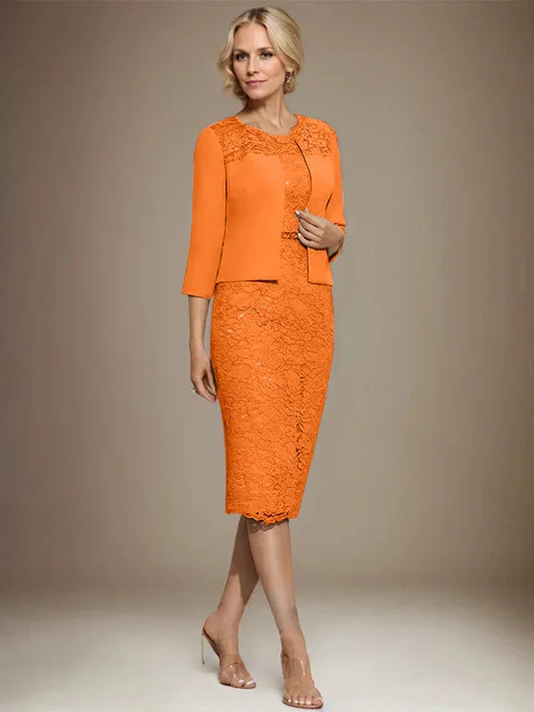 Vestido de madrina de novia de encaje de gasa con abalorios, corte columna y largo hasta la rodilla