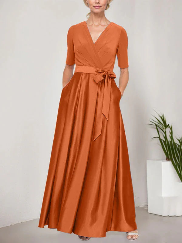Vestido de baile con escote cruzado, falda completa de satén y cuerpo de jersey