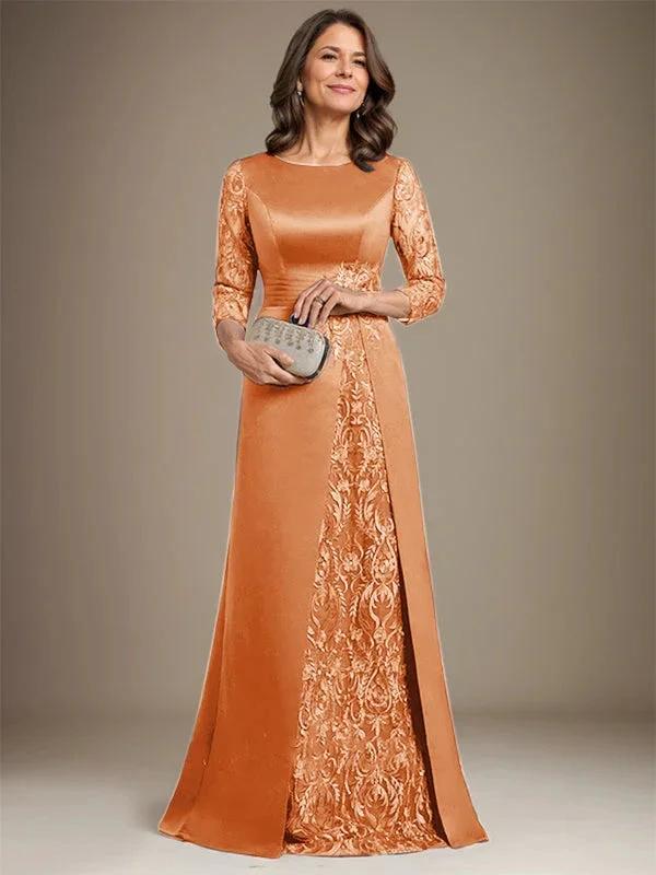 A-Line Scoop Floor-Length Lace Satin Mother Of the Bride Dress With Applique by Dreamylily