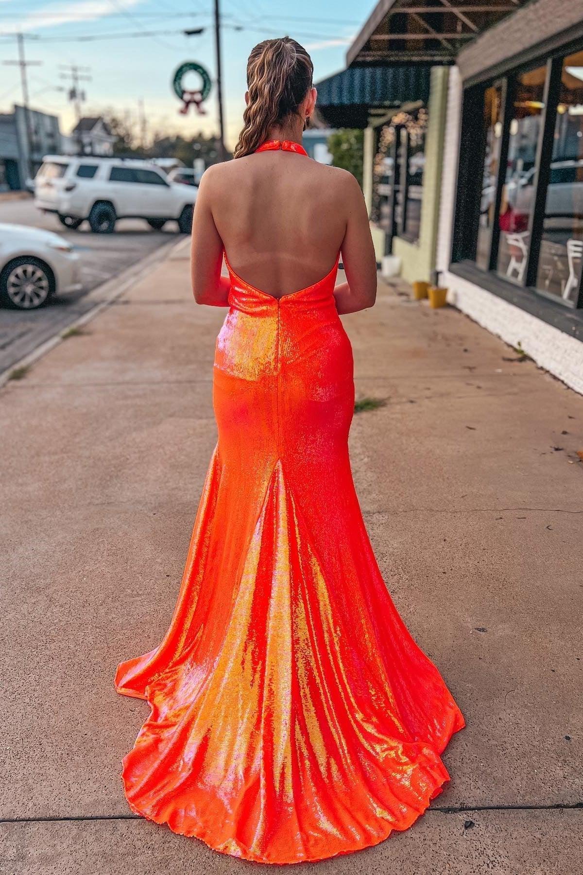 Orange Mermaid Halter Sequins Prom Dress SYP143