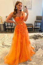 Vestido longo de baile em renda de tule laranja Vestido de noite em tule laranja