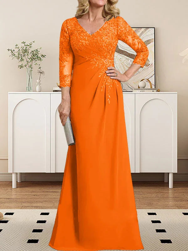 Vestido de madrina de novia con escote en V ilusión, corte columna, largo hasta el suelo, de encaje y gasa con lentejuelas plisadas