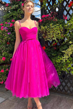 Vestidos de Regresso a Casa em Organza, Linha A, Decote Coração, Pregueados, Comprimento Chá