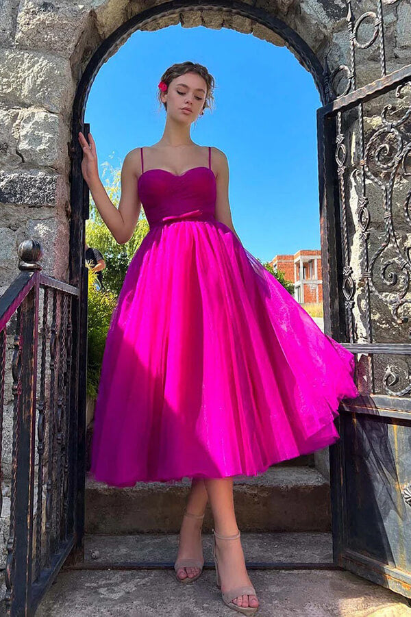 Vestidos de Regresso a Casa em Organza, Linha A, Decote Coração, Pregueados, Comprimento Chá