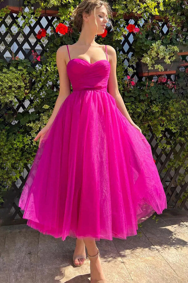 Vestidos de Regresso a Casa em Organza, Linha A, Decote Coração, Pregueados, Comprimento Chá