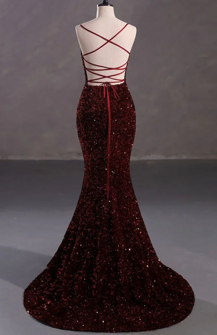 Vestido Formal de Baile de Finalistas com Costas Abertas, Brilhante, Slim, Borgonha Y4164